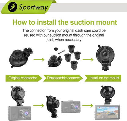 Sportway S504 Suction Cup Dash Cam Mount Holder (5th Gen) with 4pcs 360 Black