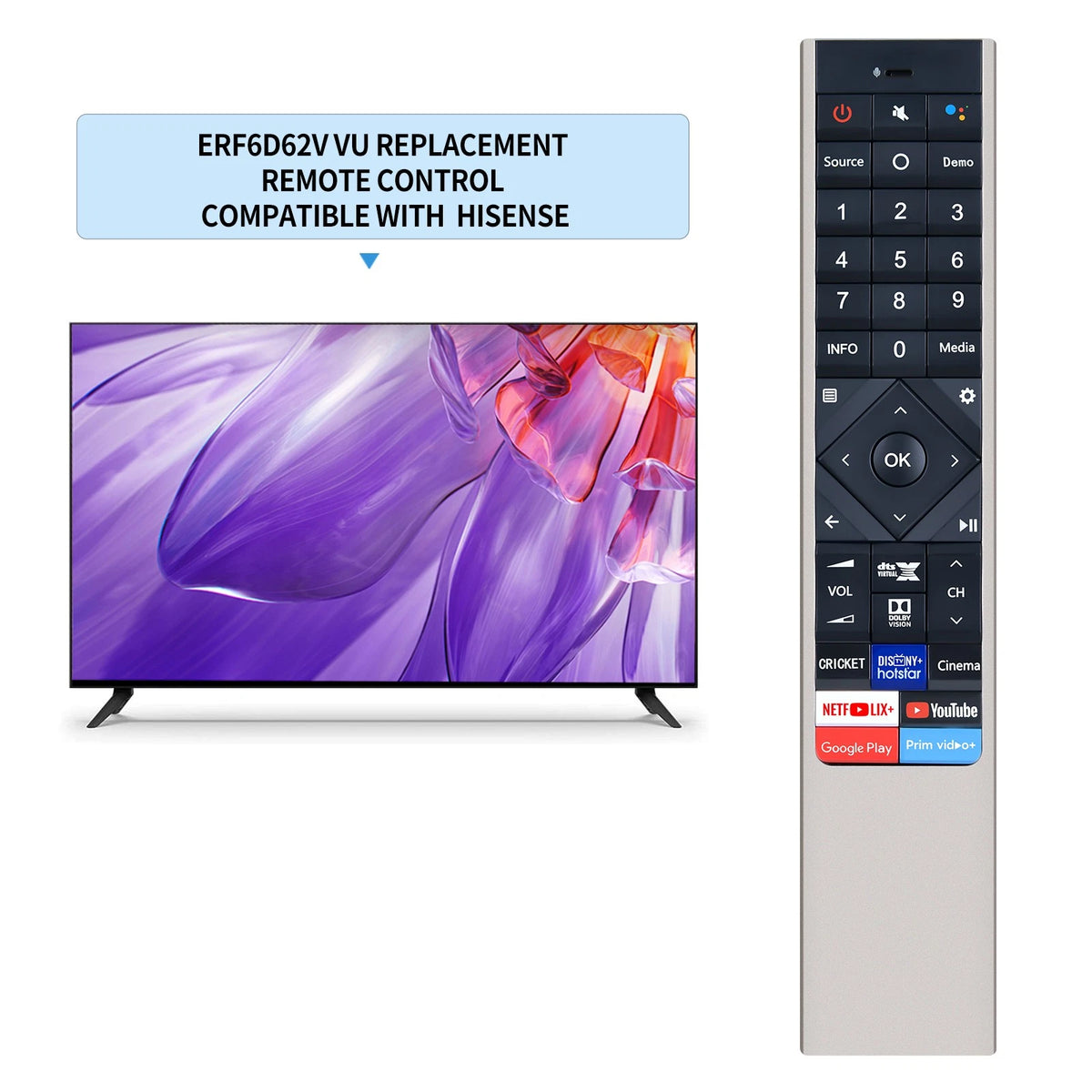 ERF6D62V Replace Remote Control For Hisense Vu 4K Ultra HD Android QLED TV