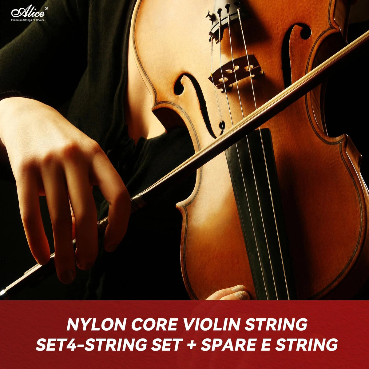 Violin Strings, Alice 4/4 Strings Full Set Nylon core, Multicolor