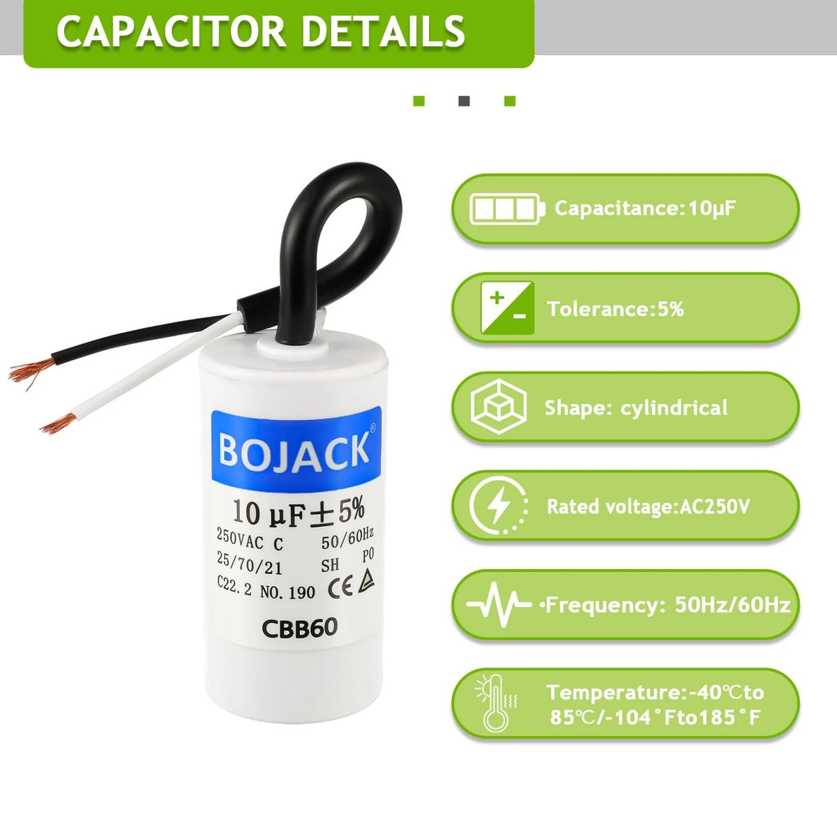 BOJACK Run Capacitor 10 uF MFD 250V AC 10 CBB60 2 Wire 50/60Hz Cylinder...