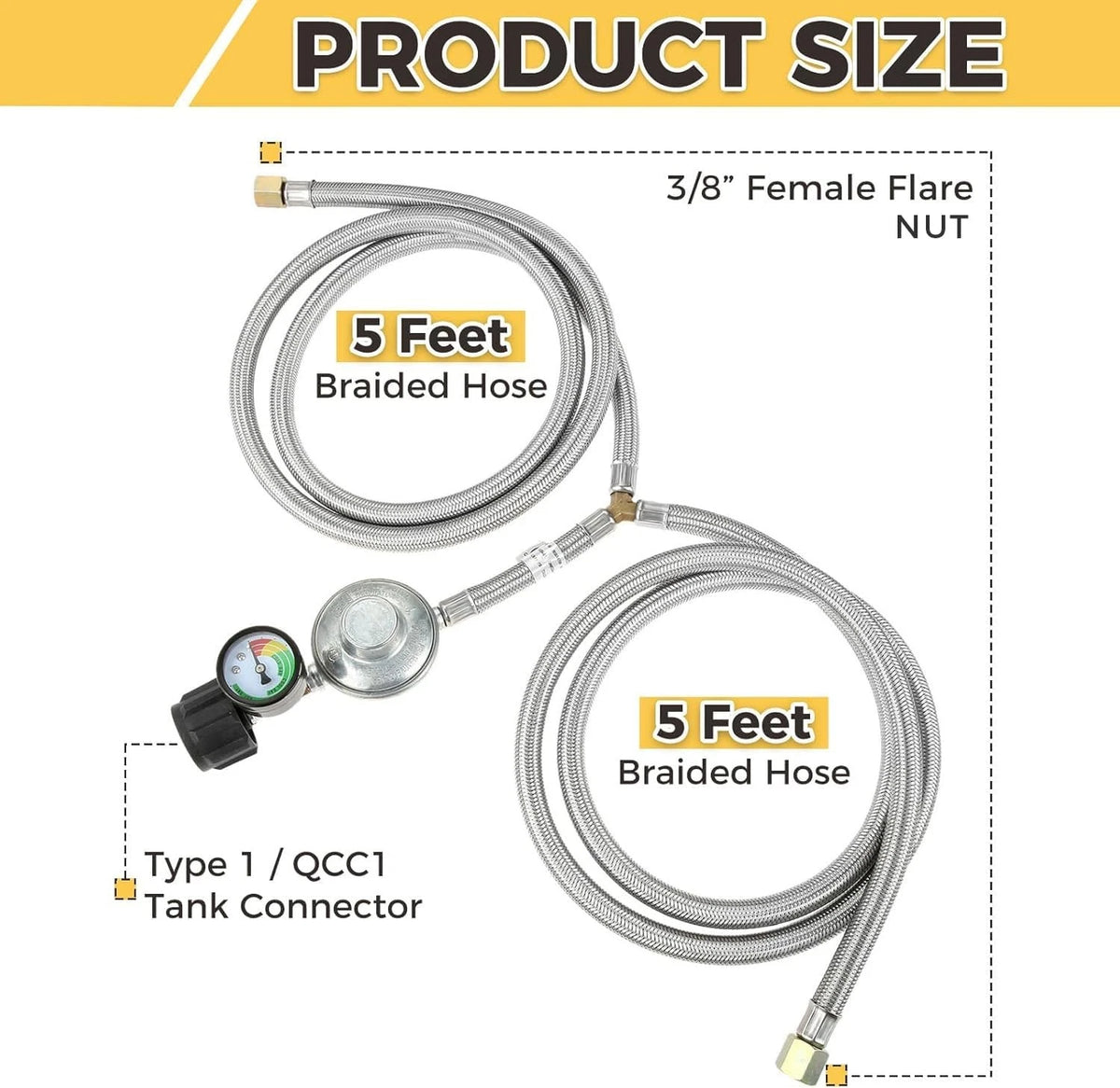 5 Feet Y-Splitter Low Pressure Propane Regulator Double Braided Hose Black
