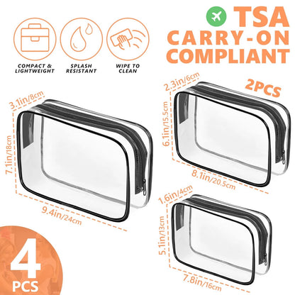 AURUZA Clear Makeup Bag,Portable Travel 9.4 x 7.1 x 3.1 inches, 4 Packs Black