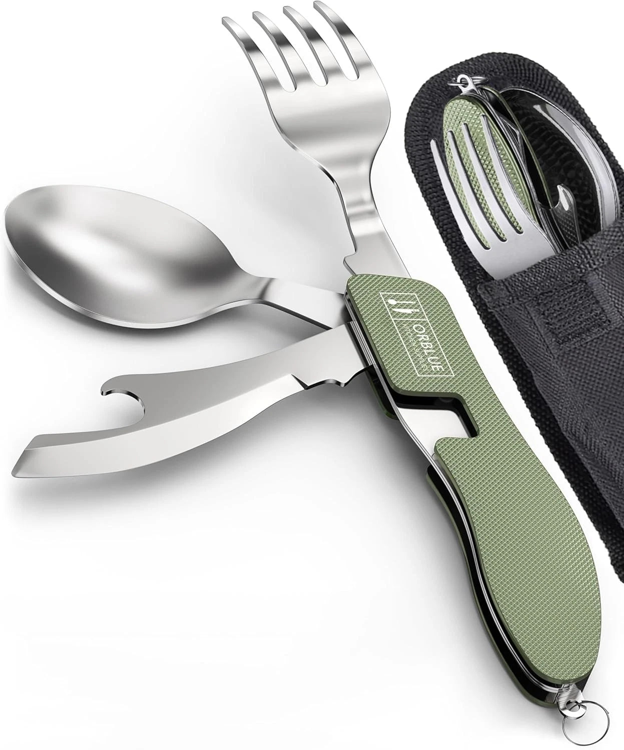 Orblue 4-in-1 Camping Eating Utensils, 2-Pack - Portable 2-PACK Olive Green