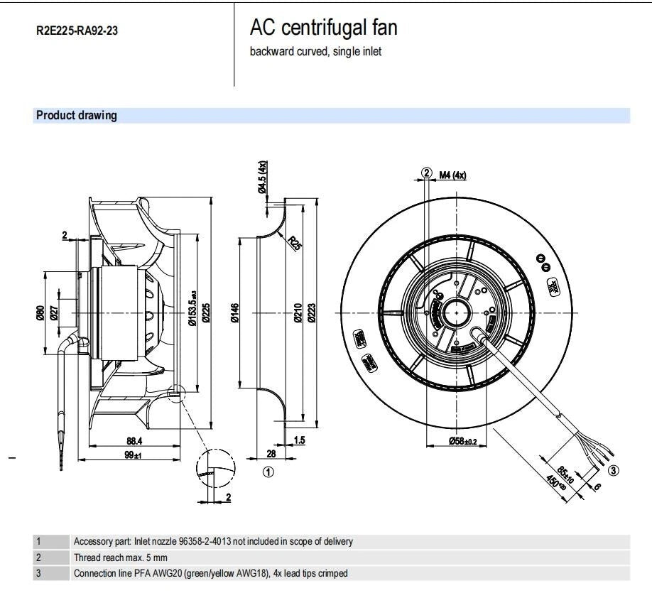 Ebmpapst R2E225-RA92-23 R2E225-RA92-23/L02  Centrifugal Fan 230V 225*99mm