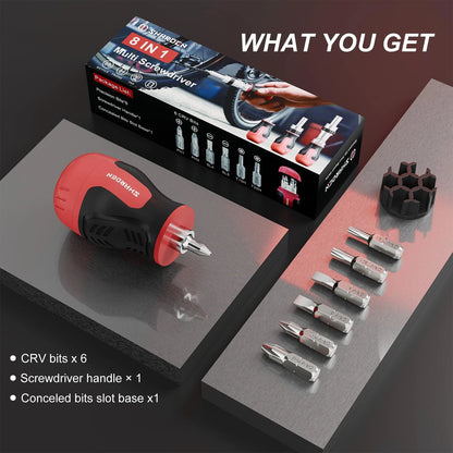 SHARDEN 8 in 1 Stubby Multi Screwdriver with 6 CRV Bits Standard, Red
