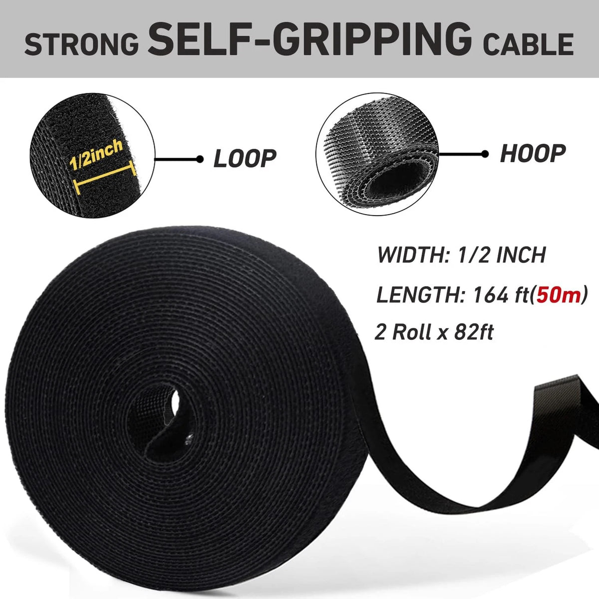 164ft x 1/2 inch Reusable Fastening Cable Ties, 1/2inch x 164ft, Black