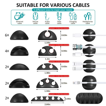 16Pack Black Desk Cable Management,Adjustable Cord 16pack, Black-16 Pack