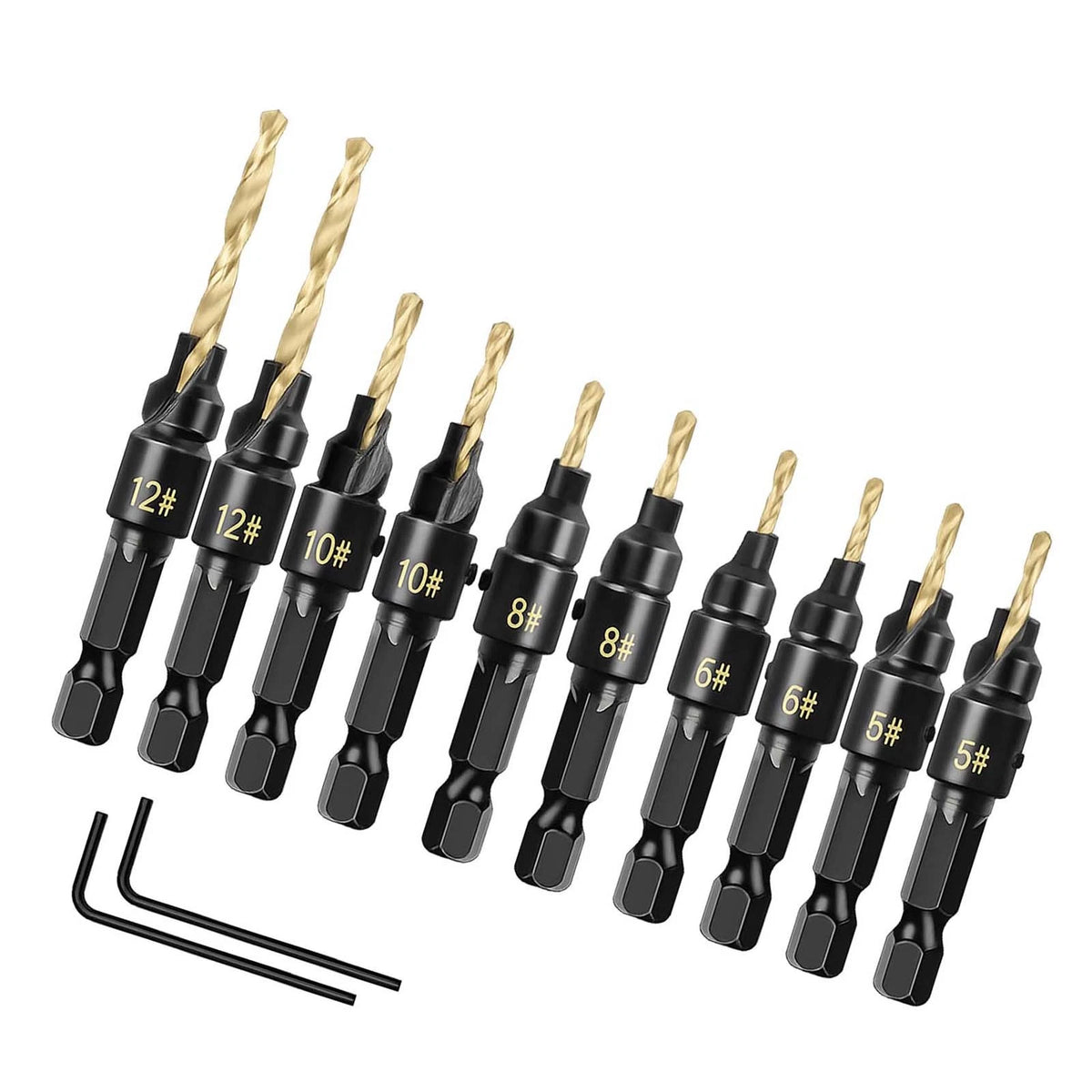 12-Piece Countersink Drill Bit Set One-Step Drill & Countersink, 1/4" Hex Shank