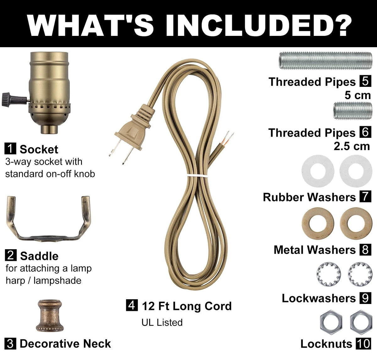 Lamp Making Kit, Parts for Repair 12 Feet Cord, Antique Brass