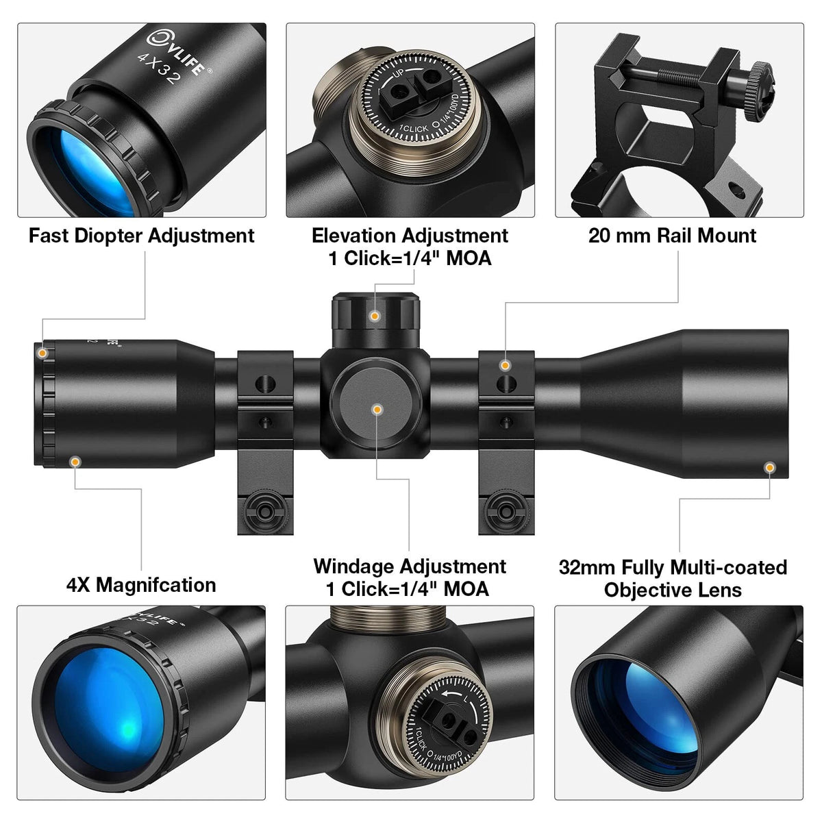 CVLIFE 4x32 Compact Rifle Scope Crosshair Optics Hunting 20mm, Clear