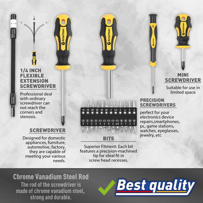 Magnetic Screwdrivers Set with Slotted/Phillips/Hex/Pozidriv/Torx, Yellow