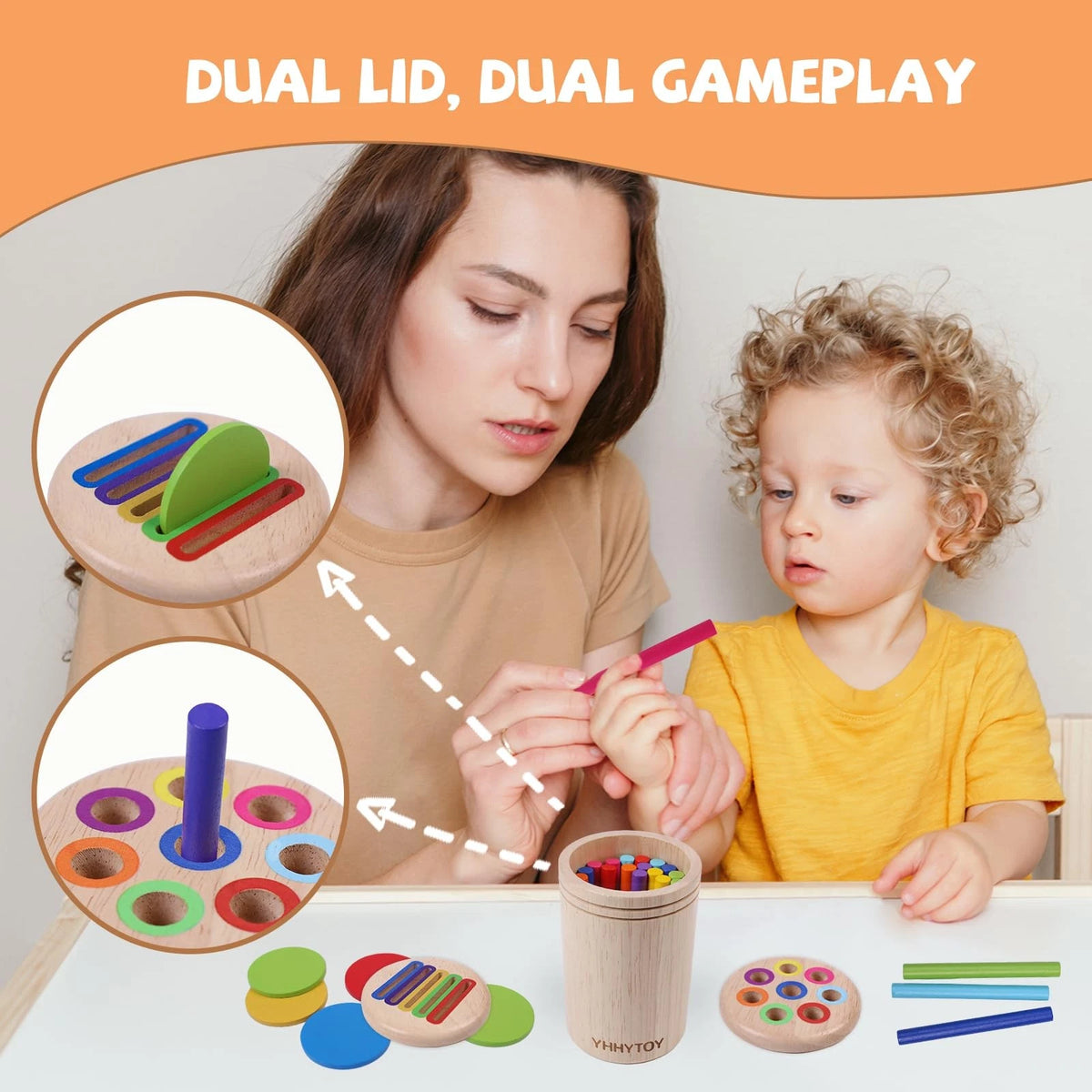 YHHYTOY Montessori Toys for 3 Year Old, Dual Play Wooden Medium, Multicolor