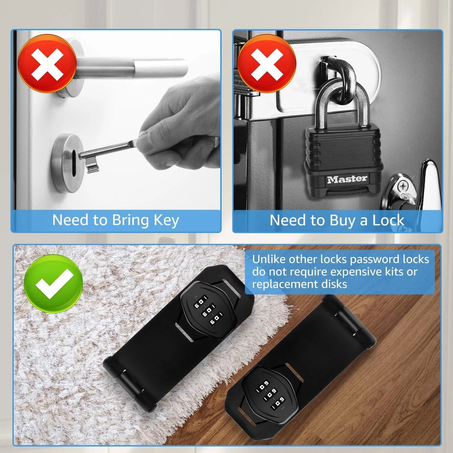 Mechanical Password Rotary Hasp Locks, 3 Digit Keyless Combination Lock Black