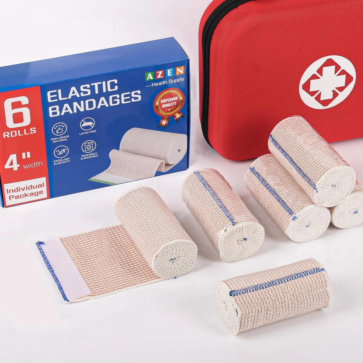 AZEN Premium 6 Pack Elastic Bandage Wrap 4 Inch, Compression 4 A-6p