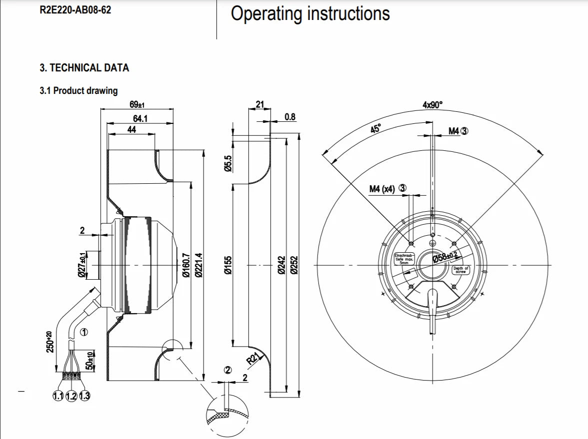 Ebmpapst Fan R2E220-AB08-62 115VAC 93W 220MM Centrifugal Inverter Fan