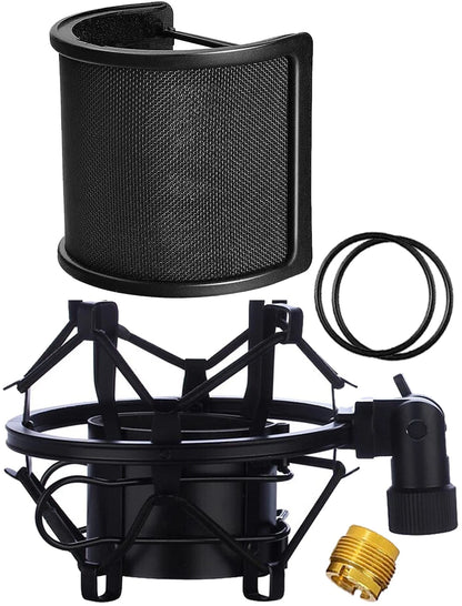 Microphone Shock Mount with Pop Filter, Mic Anti-Vibration 46mm-51mm, Black