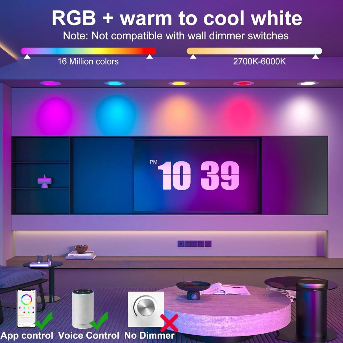 Smart Recessed Lighting, 5/6 inch, Compatible with Alexa, RGB+CCT 4Pack