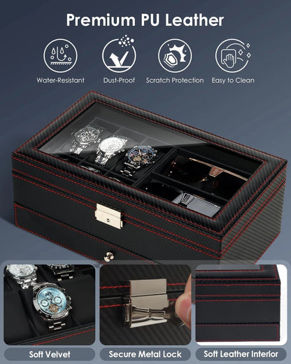 Kukikan Watch Jewelry Box Organizer, 6-Slot 2-Layer Case 6-slot, Black