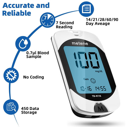 Metene TD-4116 Blood Glucose Monitor Kit, 100 Glucometer 207 Piece Set