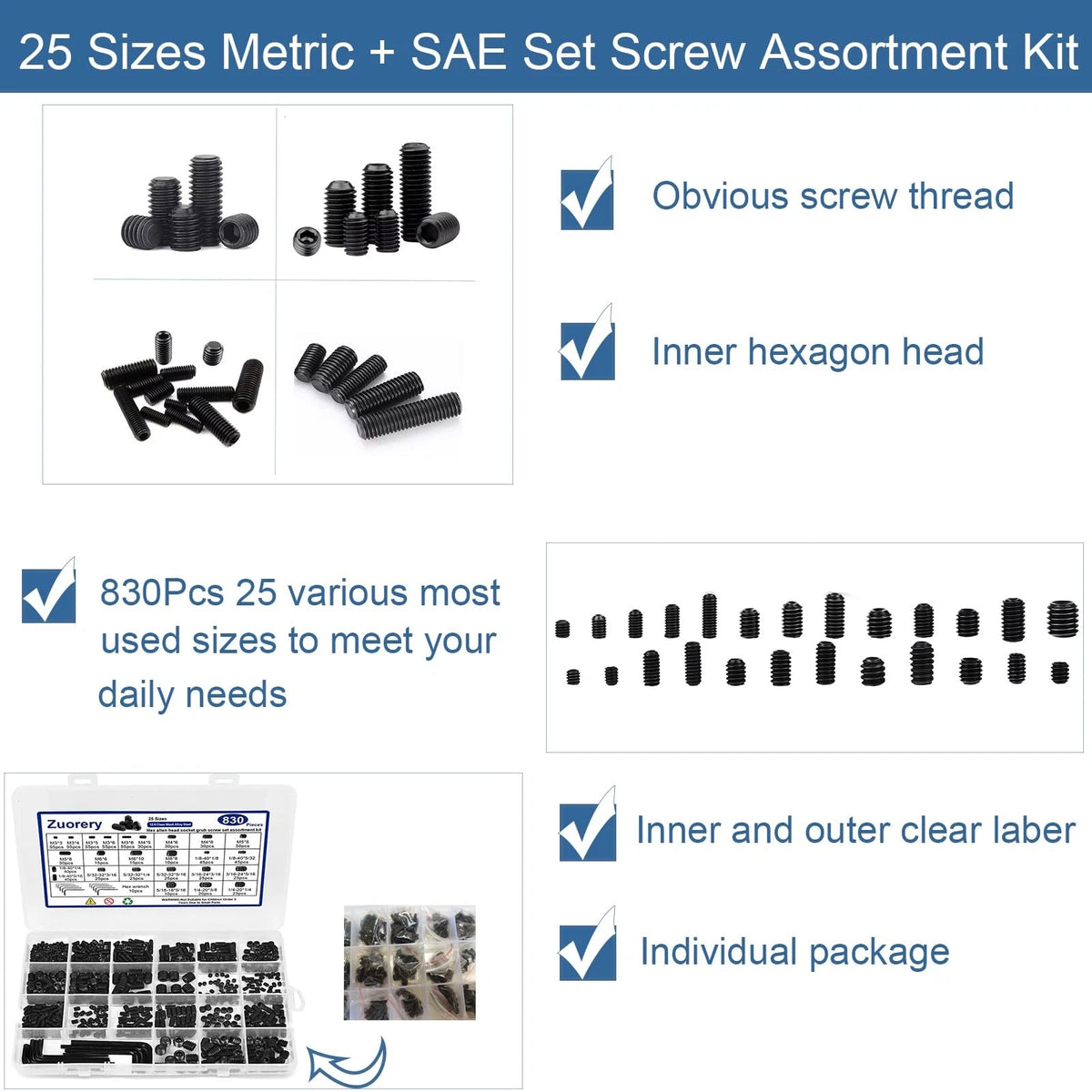 Zuorery 830Pcs 25 Sizes Metric + M3 M4 M5 M6 M8 1/8 5/32 3/16 1/4 5/16, Black