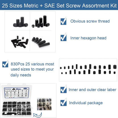 Zuorery 830Pcs 25 Sizes Metric + M3 M4 M5 M6 M8 1/8 5/32 3/16 1/4 5/16, Black