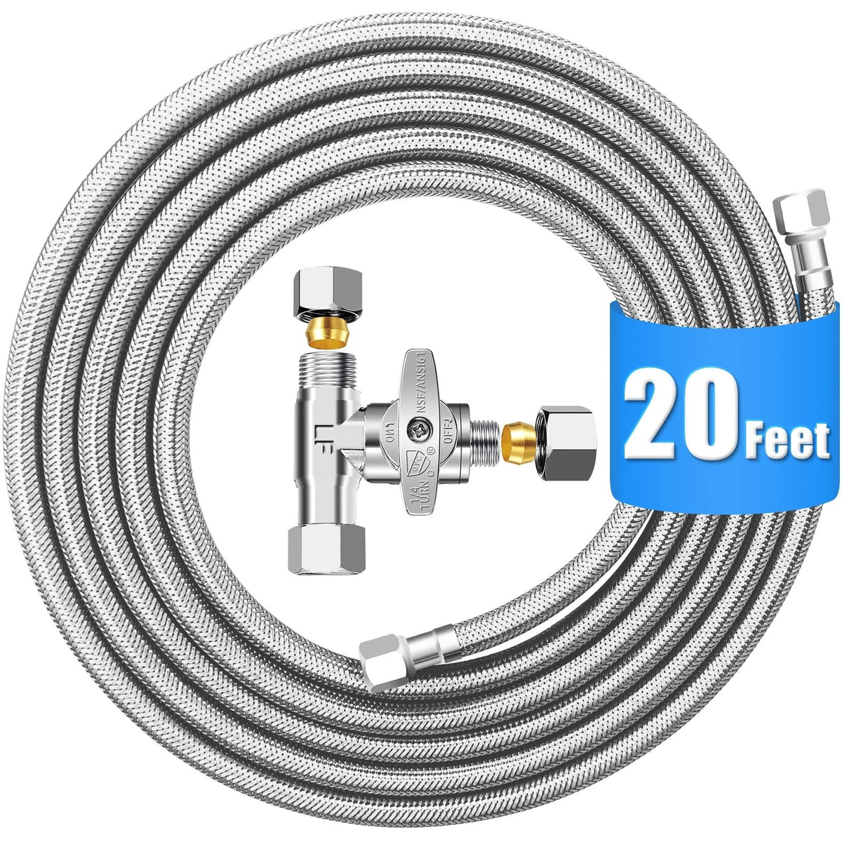 Fridge Water Line Kit - 20FT with Tee Stop Valve for 20 FT, Silver