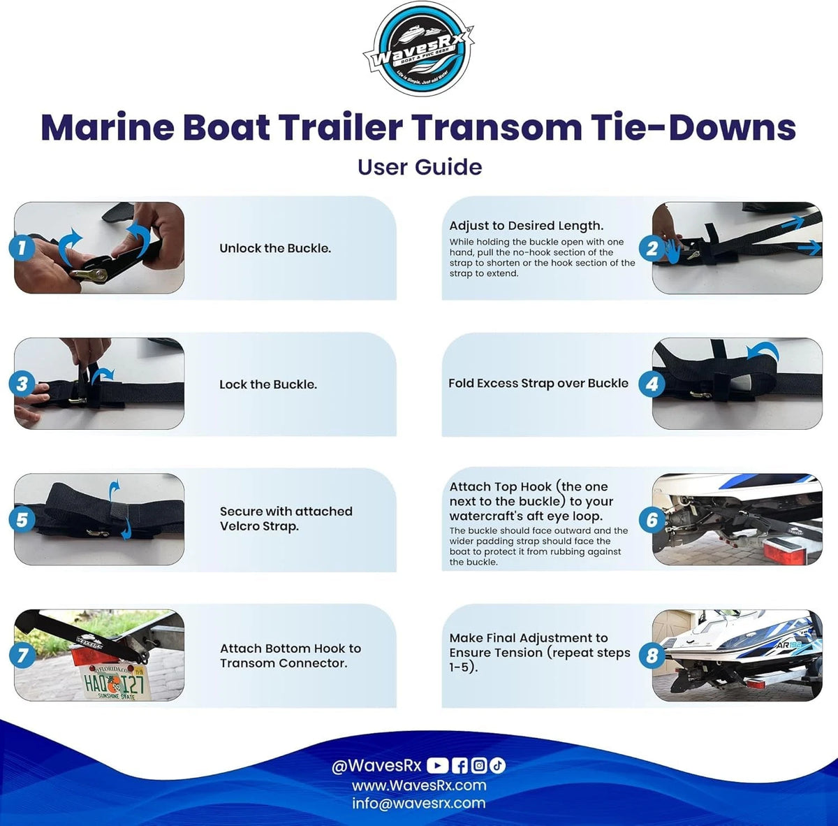 WavesRx Premium Boat & Jet Ski Trailer Transom Tie Down Straps 2"x24", Black