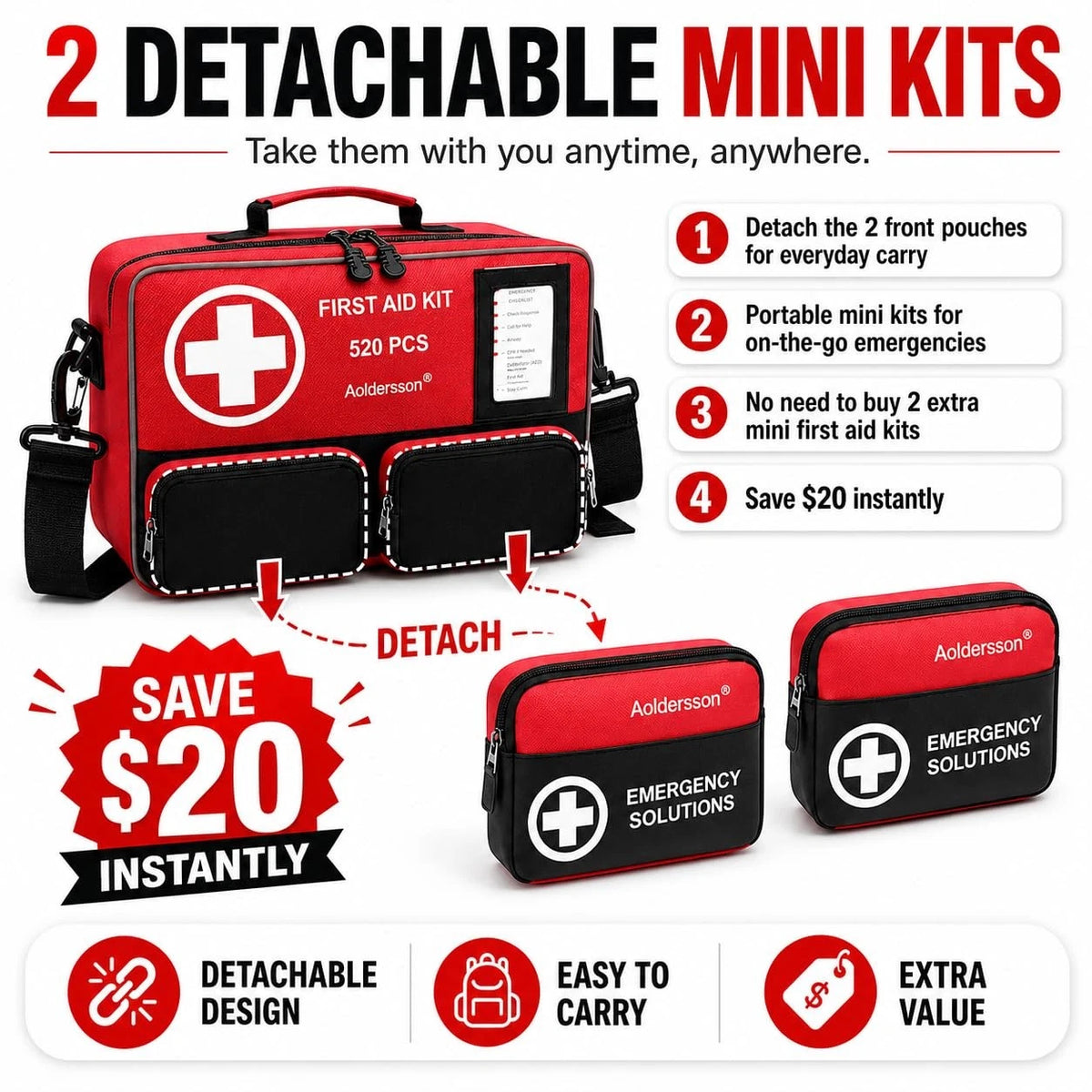 Aoldersson 520 Premium Piece Large First Aid Kit – Emergency Survival Red