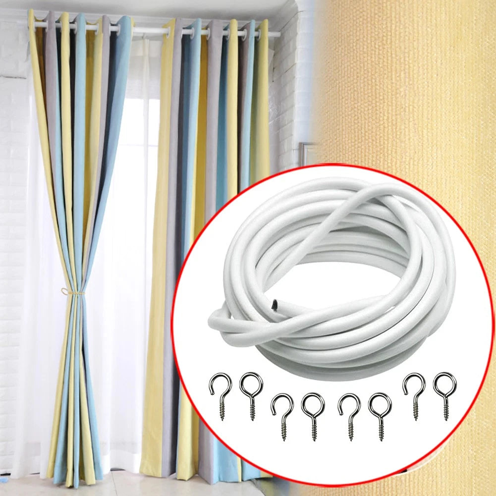3m White Expanding Wire Cord Cable w/ 4 Hooks & 4 Eyes For Light Weight Curtain/