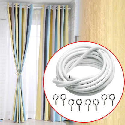 3m White Expanding Wire Cord Cable w/ 4 Hooks & 4 Eyes For Light Weight Curtain/