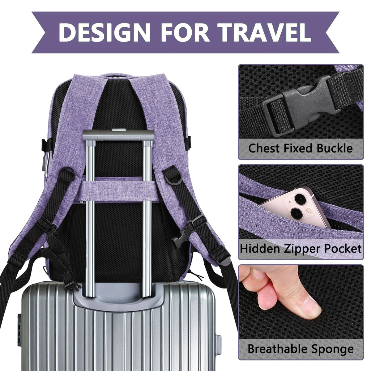 Personal Item Travel Carry On Luggage Backpack for Non-expandable, Purple