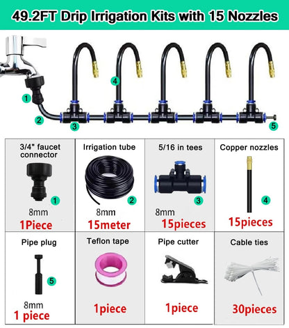 360° Adjustable Drip Irrigation System for Garden, 49FT Greenhouse