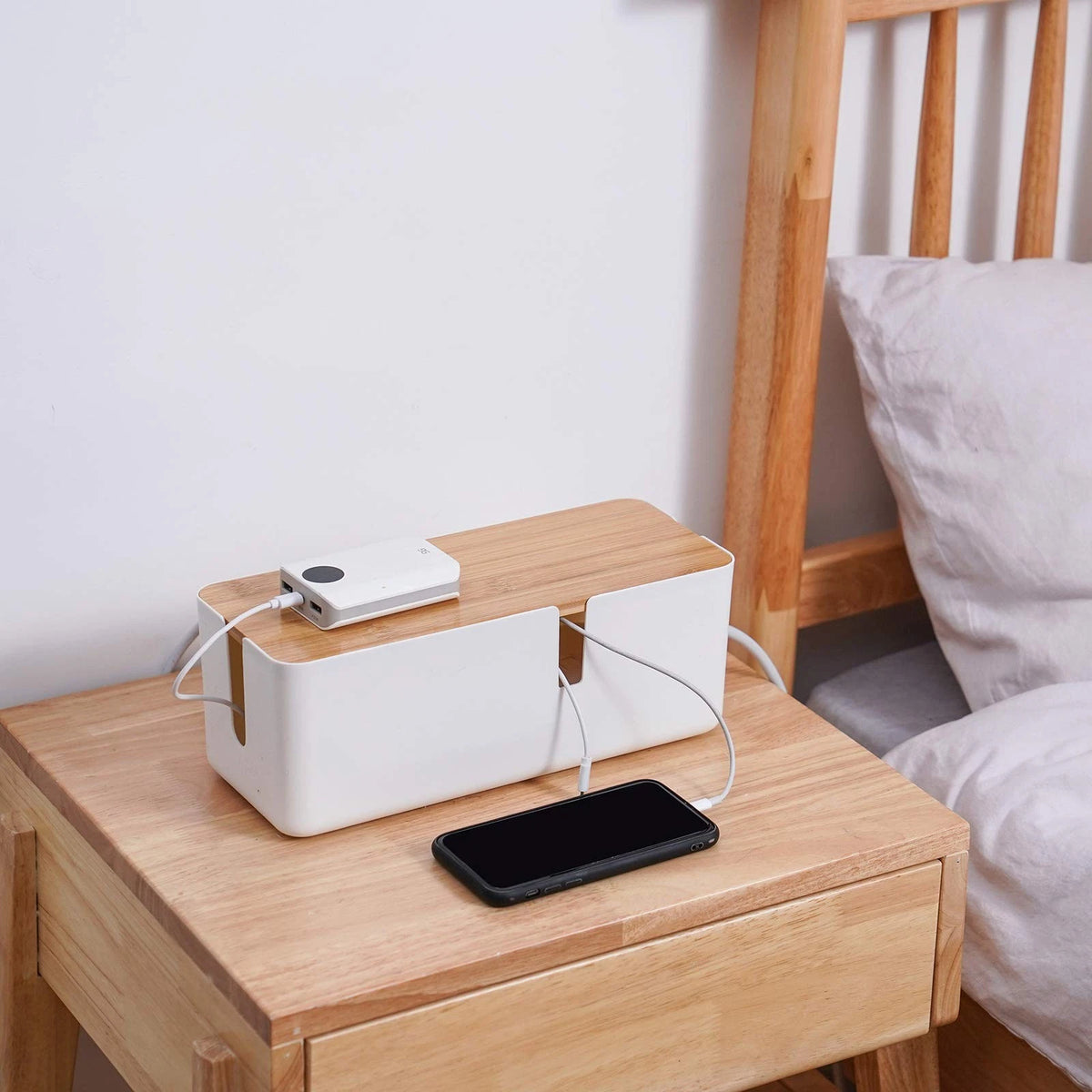 Changsuo Small Cable Management Box with Bamboo Lid for small, White