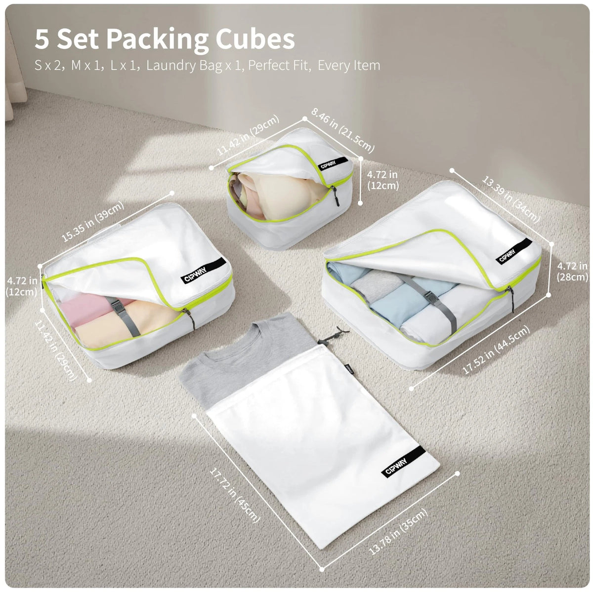 Cipway 5 Set Packing Cubes for Travel Suitcase Organizer 5PCS, White