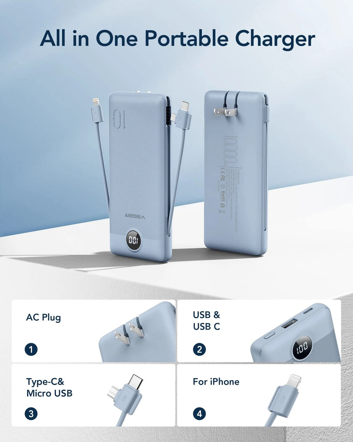 VEGER Portable Charger for iPhone Built in Cables and Wall Plug, D Blue