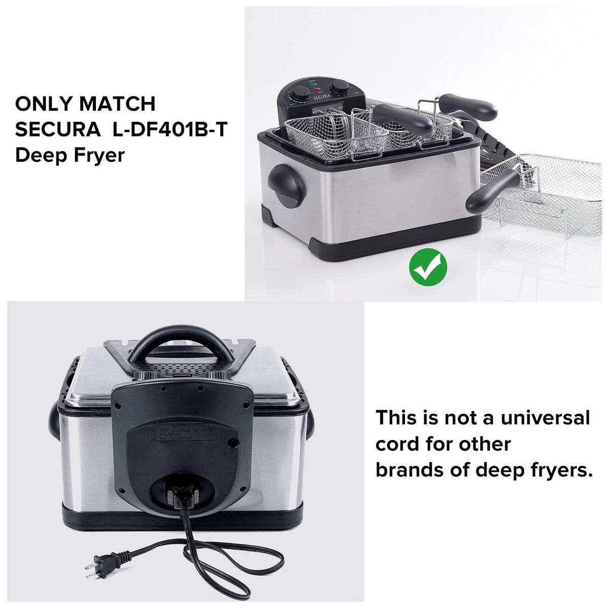 Secura Magnet Power Cord (Only Compatible L-DF401B-T Deep Fryer), 1M, Black