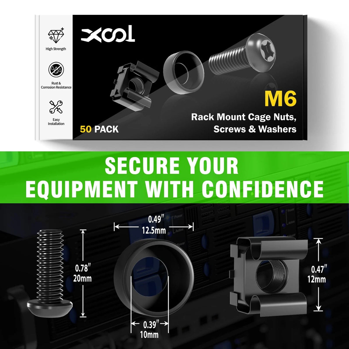 50 PACK M6 x 16mm Rack Mount Cage Nuts, Screws and Washers for 50 pcs, Black