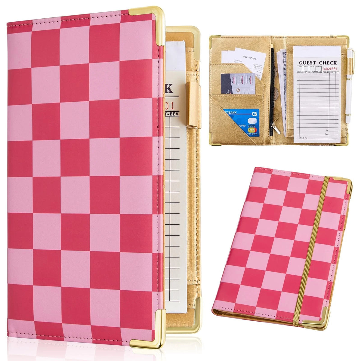 Server Books for Waitress Cute Book with Money Pink Checkerboard