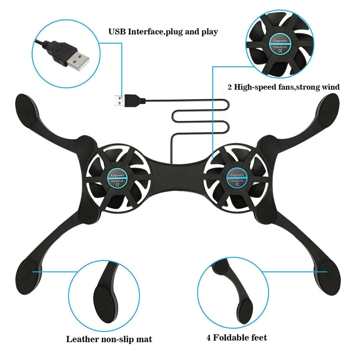 Dual USB Fan Cooler Pad for Laptop 7-15 Inch Adjustable Foldable Arms Low Noise