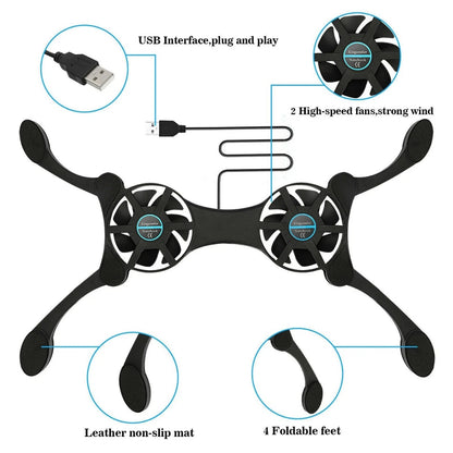 Dual USB Fan Cooler Pad for Laptop 7-15 Inch Adjustable Foldable Arms Low Noise