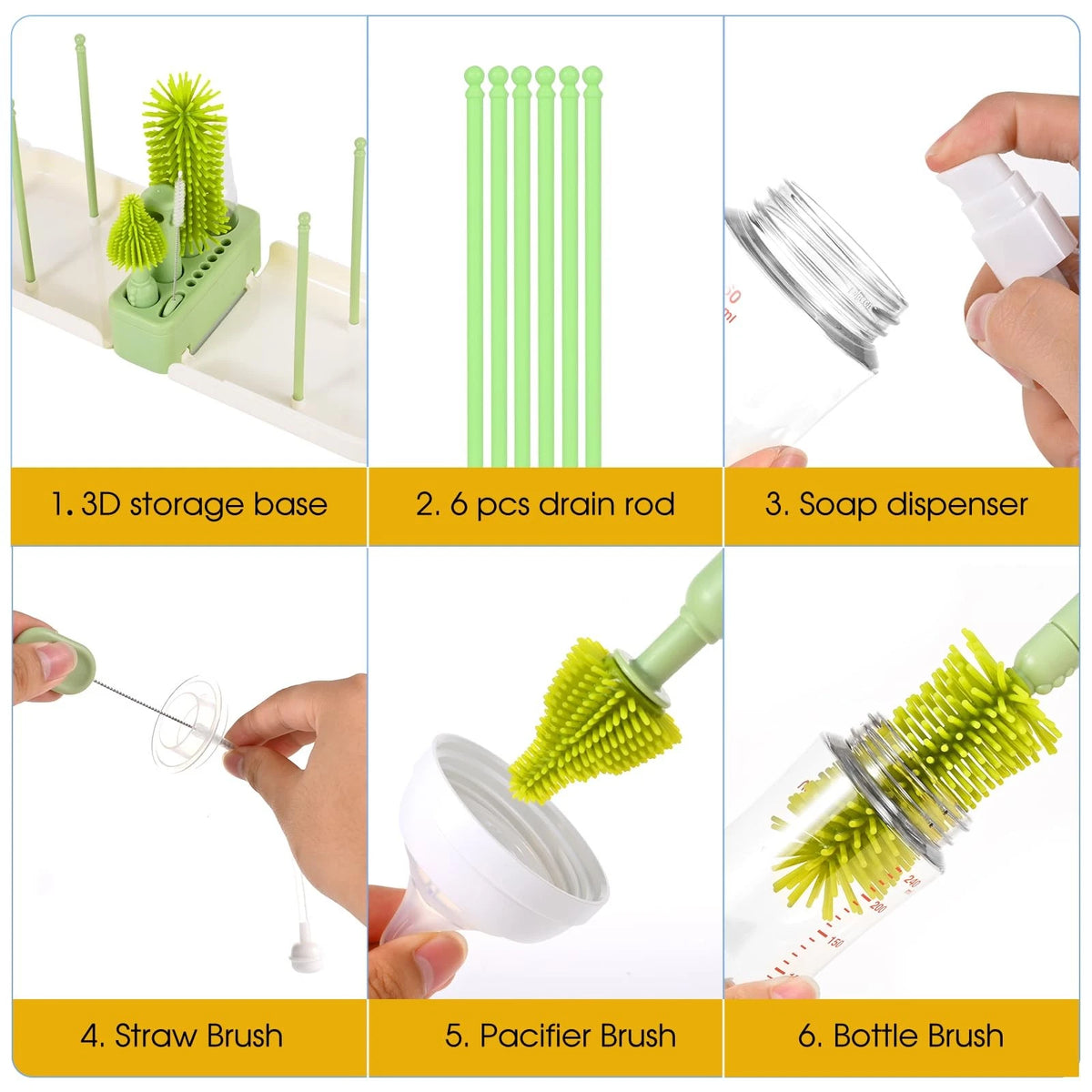 Portable 7-in-1 Baby Bottle Brush Set, Travel Cleaner Kit for Green