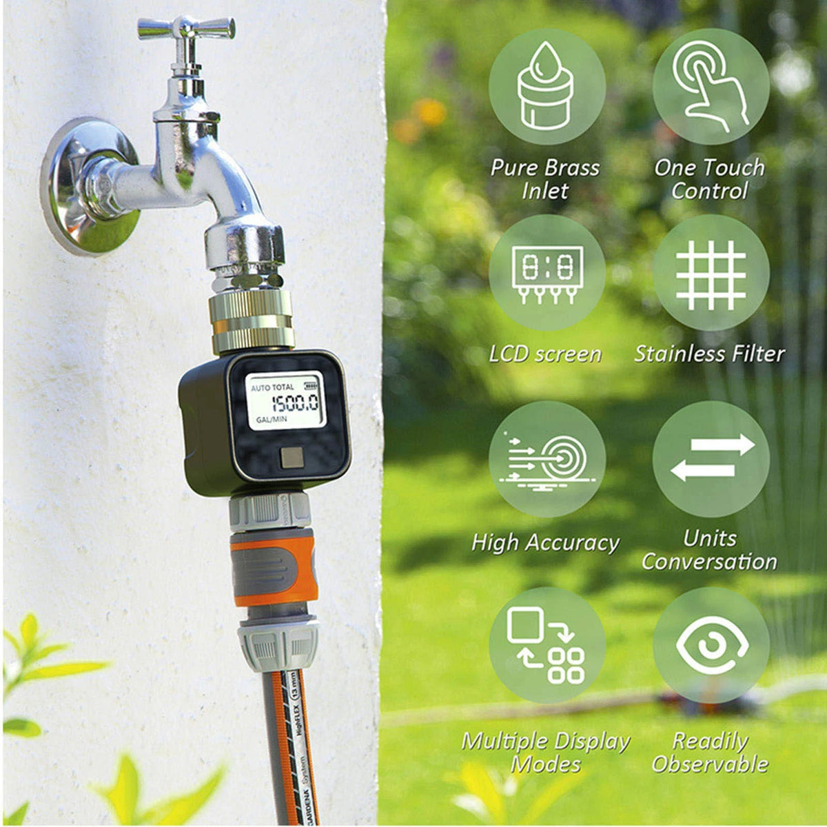 Water Flow Meter Digital 3/4 GHT For Outdoor Hose 99999L Total Flow LCD Screen