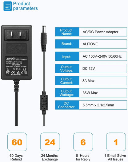 ALITOVE 12V 3A Power Supply Adapter 100~240V AC to DC 12 Volt 3 Tip, Black