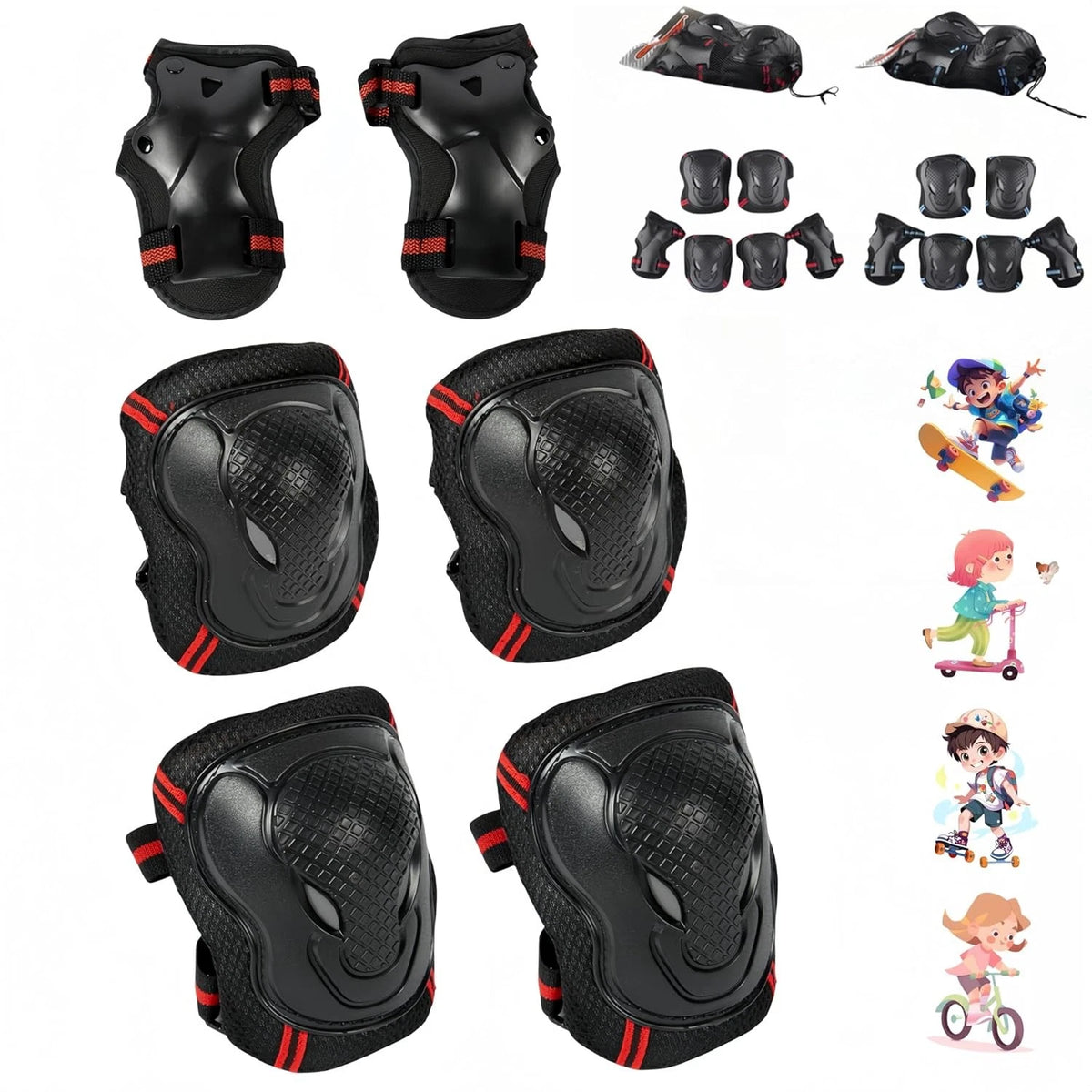 Kids Knee Pads and Elbow Set,Knee for Medium, black&red
