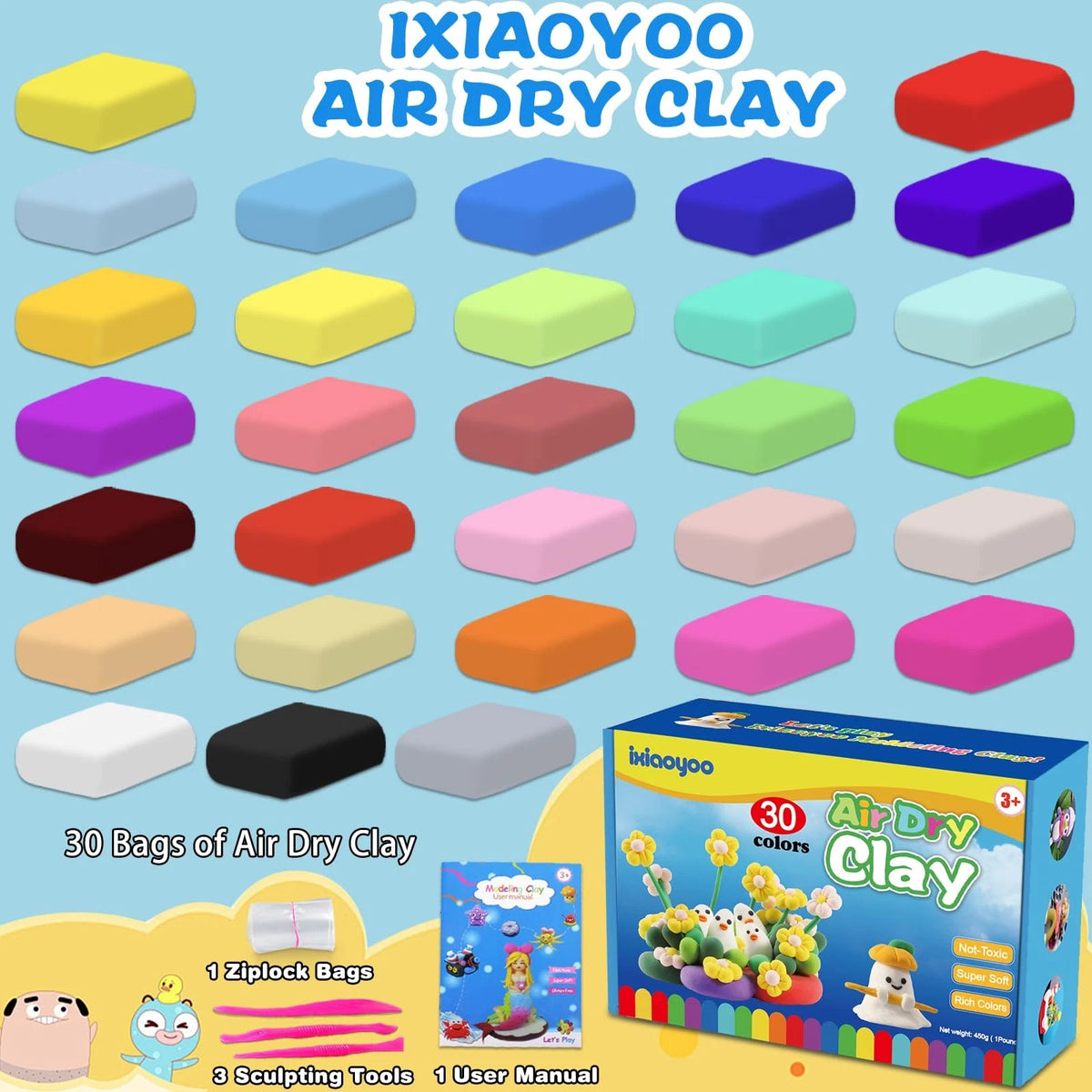 Ixiaoyoo Air Dry Clay, 30 Colors Modeling Clay 40 cm x 6 x 6 cm, 30