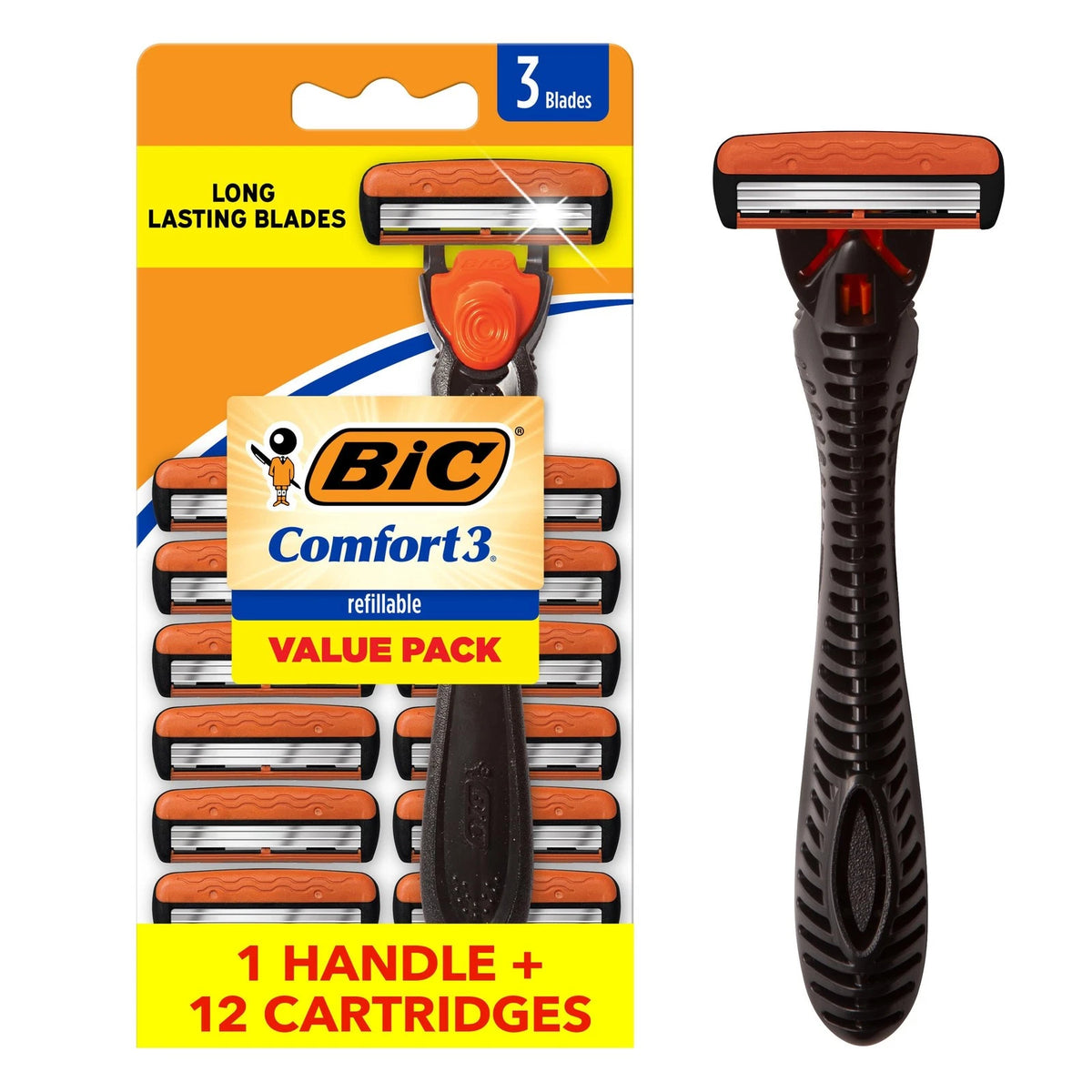 BIC Comfort 3 Men's Refillable 3 Blade 12 Count (Pack of 1), Black/Orange