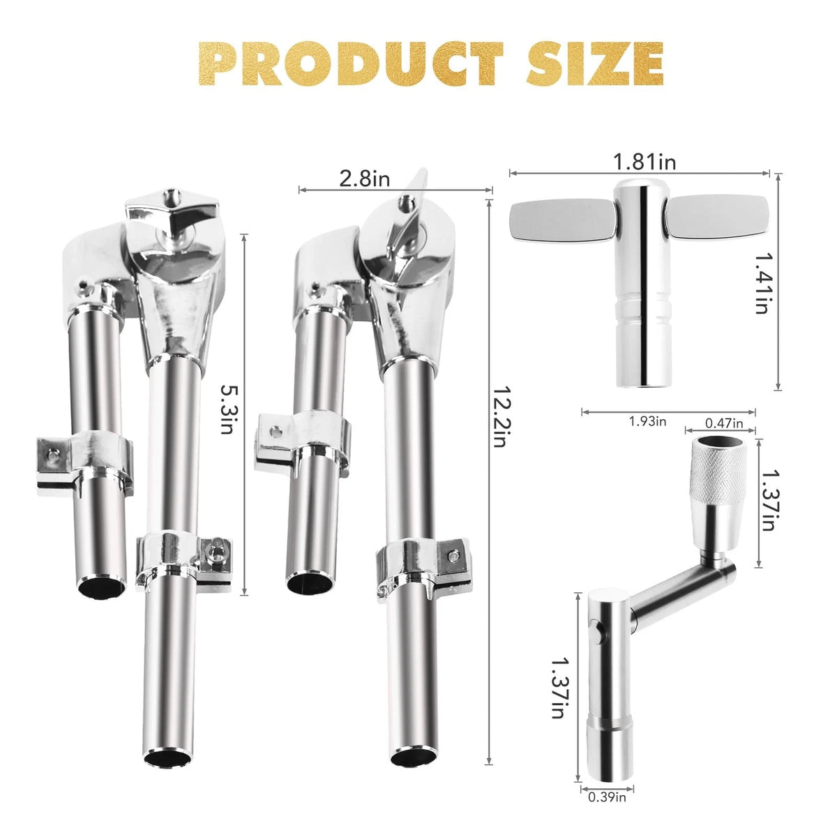 Seteol Drum Key & Tom Brackets Set, 3 Standard Square Lug Silver