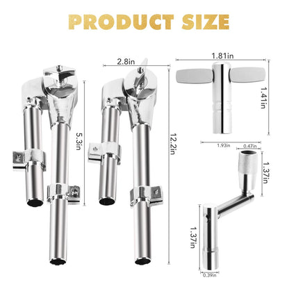 Seteol Drum Key & Tom Brackets Set, 3 Standard Square Lug Silver