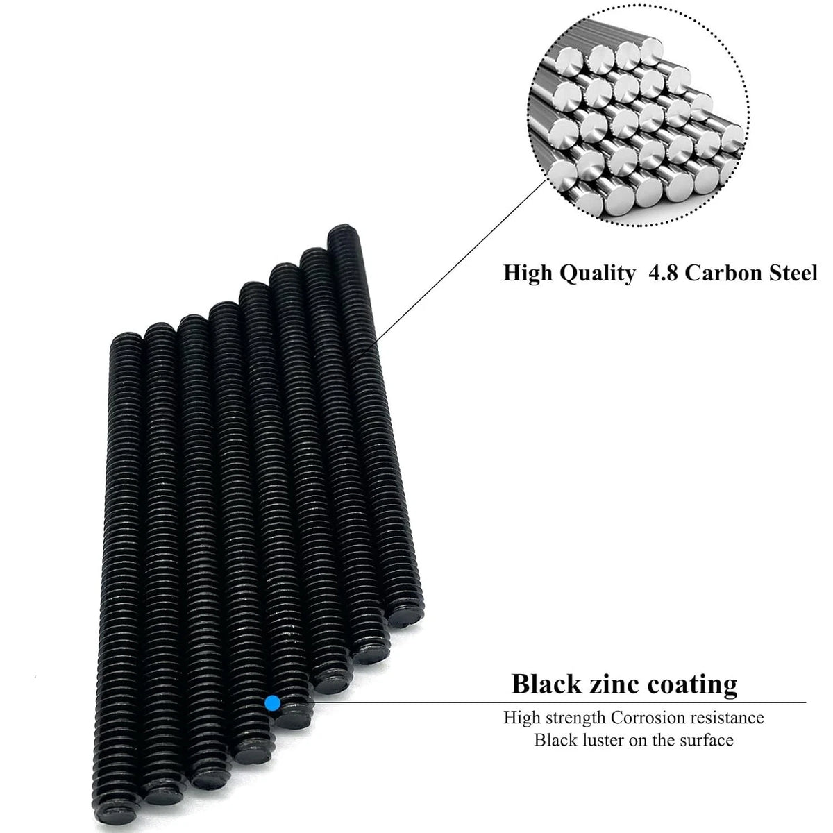 8pcs Black Zinc Fully All Threaded Rod Carbon Steel Black-Zinc 5/16x4 Inch-8P