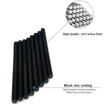8pcs Black Zinc Fully All Threaded Rod Carbon Steel Black-Zinc 5/16x4 Inch-8P